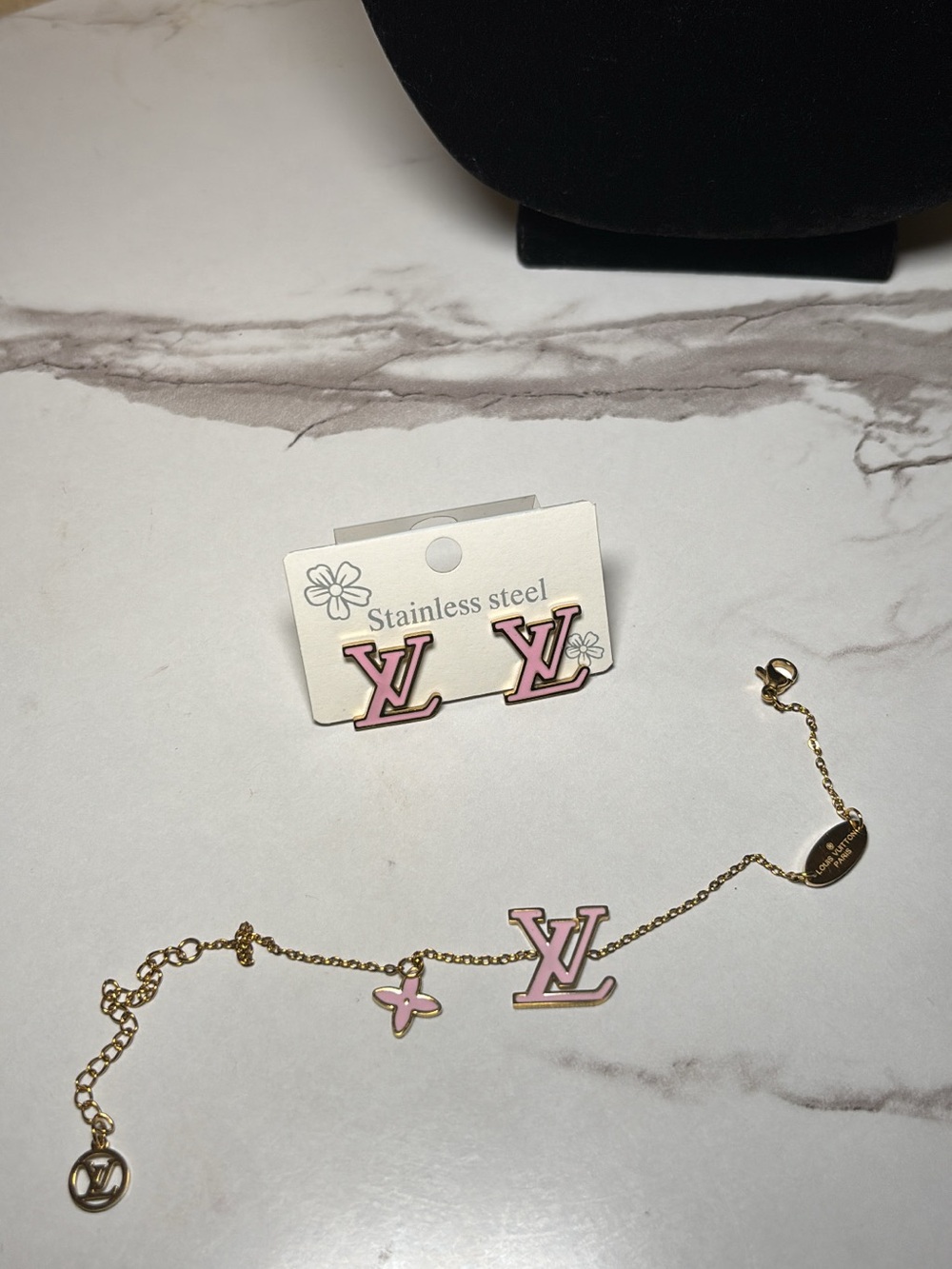 Pink Logo Earrings and Bracelet Set - Stainless Steel